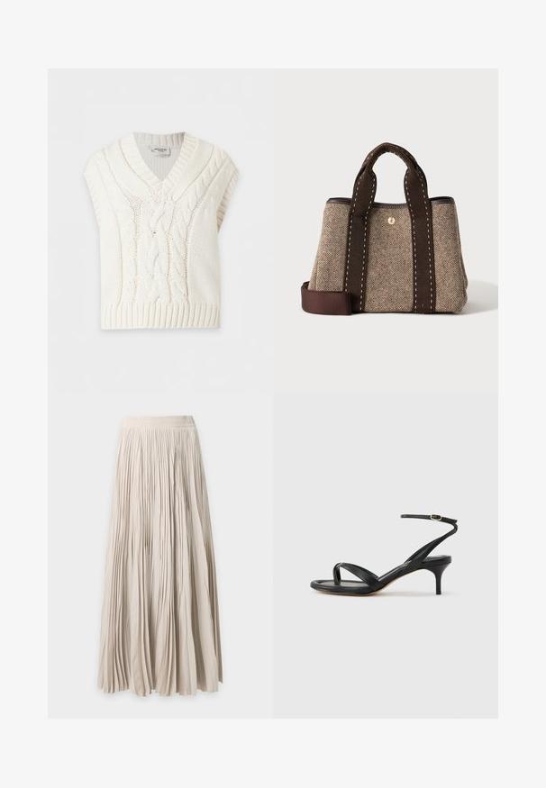 Gilet sans manches tricoté de couleur crème avec motif torsadé et col en V, plié à plat sur fond blanc.; Longue jupe beige plissée avec taille élastique, tissu fluide et longueur complète.; Sandale pour femme en cuir noir avec fines lanières, une boucle d'orteil, une boucle à la cheville et un talon aiguille de hauteur moyenne sur un fond neutre.; Petit sac fourre-tout en tissu beige et marron avec des poignées larges marron foncé et une bandoulière réglable sur fond blanc.