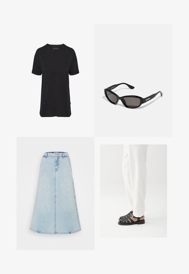 Schwarzes Baumwoll-T-Shirt mit kurzen Ärmeln, rundem Halsausschnitt und aufgerollten Bündchen; mit einem dezenten Markenlabel am seitlichen Saum.; Ein hellblauer Denim-Midirock mit ausgestellter Form, Taillenbund mit Gürtelschlaufen und sichtbaren Nähten entlang der Säume.; Person trägt weiße Hose und schwarze Leder-Sandalen mit offenem Zehenbereich und Schnalle und steht vor weißem Hintergrund.; Schwarze Sonnenbrille mit rechteckigem Rahmen, dunklen Gläsern, glattem Kunststoffmaterial und einem metallischen Akzent am Bügel.