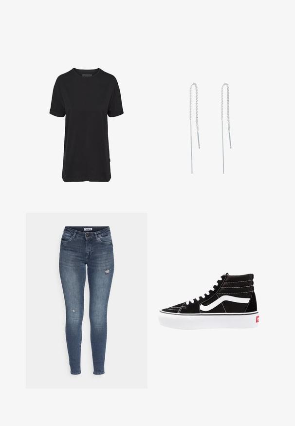Schwarzes Baumwoll-T-Shirt mit kurzen Ärmeln, rundem Halsausschnitt und aufgerollten Bündchen; mit einem dezenten Markenlabel am seitlichen Saum.; ONLY ONLBLUSH SKINNY - Jeans Skinny Fit - special blue/grey denim; Schwarze High-Top-Sneaker mit weißen Schnürsenkeln, einem weißen Logo und kontrastierendem weißen Nähten. Verfügt über eine dicke weiße Sohle und ein strukturiertes Wildleder-Obermaterial.; Silberne Ohrstecker mit verlängertem Design, featuring eine zarte Kette und gerade, dünne Anhänger an den Enden. Glatte Textur.