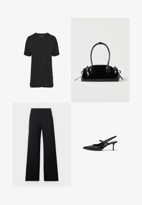 T-shirt en coton noir à manches courtes, col rond et manches retroussées ; présente une étiquette de marque subtile sur l'ourlet latéral.; Pantalon noir à jambes larges avec une taille ajustée et un devant lisse, présenté sur un fond clair uni.; Talons aiguilles noires en cuir avec un bout pointu, une fine bride réglable, et un talon aiguille d'environ 5 cm, texture lisse.; Petit sac à main noir brillant avec deux longues anses et des détails à cordon sur les côtés sur un fond clair uni.