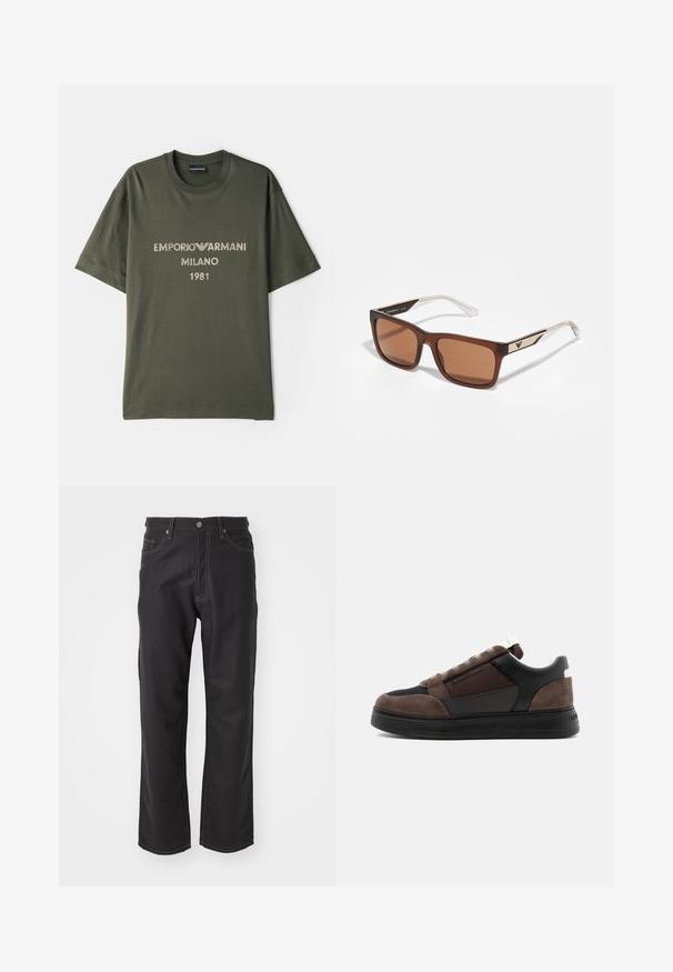 Oliverová zelená bavlnená tričko s krátkymi rukávmi, s logom "EMPORIO ARMANI MILANO" a "1981" v kontrastnom svetlom písmene.; Čierne denimové džínsy so strihom rovného nohavice, s kontrastným oranžovým prešívaním, päťvreckovým dizajnom a klasickým zapínaním na gombík.; Hnedo-čierne nízke tenisky s detailmi z brúseného semišu a sieťoviny, čiernou podrážkou a logom Emporio Armani na boku.; Hnedé obdĺžnikové slnečné okuliare s tónovanými sklami, priehľadnými ramenami a zlatými akcentmi po stranách s detailom loga.