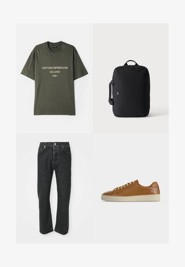 Oliverová zelená bavlnená tričko s krátkymi rukávmi, s logom "EMPORIO ARMANI MILANO" a "1981" v kontrastnom svetlom písmene.; Čierne džínsy s rovnými nohavicami, so zapínaním na prednom gombíku a zips, predné a zadné vrecká viditeľné na bielom pozadí.; Nízke hnedé kožené tenisky s krémovými šnúrkami a hrubou krémovou gumovou podrážkou zobrazené z bočného profilu na bielom pozadí.; Čierna obdĺžniková cestovná taška s hornými a bočnými rukoväťami, minimalistický dizajn a malé logo vpredu na hladkom svetlom pozadí.