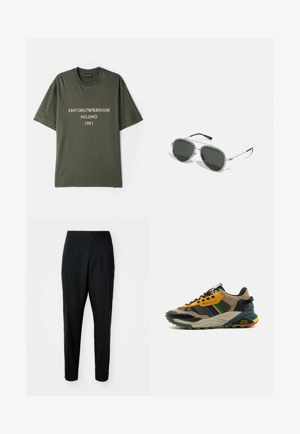 Oliverová zelená bavlnená tričko s krátkymi rukávmi, s logom "EMPORIO ARMANI MILANO" a "1981" v kontrastnom svetlom písmene.; Čierne zúžené nohavice s hladkým povrchom, elastickým pásom a manžetami. Obsahujú skladby vpredu pre vytvorenie elegantného vzhľadu.; Viacfarebné tenisky s kombináciou semišu a sieťoviny, v žlto-čiernej farebnej schéme, s textúrovanými podrážkami a bočnými akcentmi.; Pár kovových strieborných pilotných slnečných okuliarov s tmavozelenými šošovkami, ktoré majú tenké ramená s korytnačinovými akcentmi a okrúhly tvar.