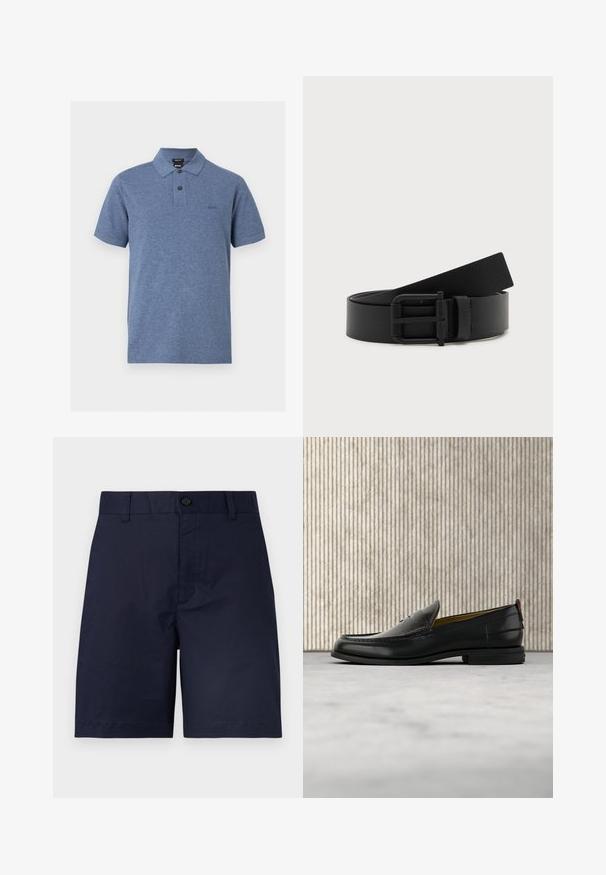 Polo bleu à manches courtes avec deux boutons, un col et un petit logo "BOSS" brodé sur le côté gauche de la poitrine.; Shorts bleu marine longueur genou avec fermeture à boutons, passants pour ceinture et design avant lisse sur un fond clair uni.; Mocassin pour homme en cuir noir avec un dessus embossé effet croco et un petit talon, présenté de profil sur un fond neutre.; Ceinture en cuir noir enroulée avec une boucle en métal noir mat sur fond blanc.