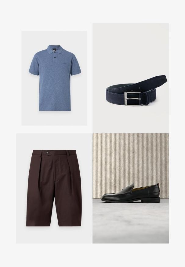 Polo bleu à manches courtes avec deux boutons, un col et un petit logo "BOSS" brodé sur le côté gauche de la poitrine.; Shorts marron sur mesure longueur genoux avec plis devant, passants de ceinture et fermeture par bouton sur un fond uni clair.; Mocassin pour homme en cuir noir avec un dessus embossé effet croco et un petit talon, présenté de profil sur un fond neutre.; Ceinture en daim bleu foncé roulée avec une boucle rectangulaire en argent gravée de "BOSS" sur un fond clair uni.
