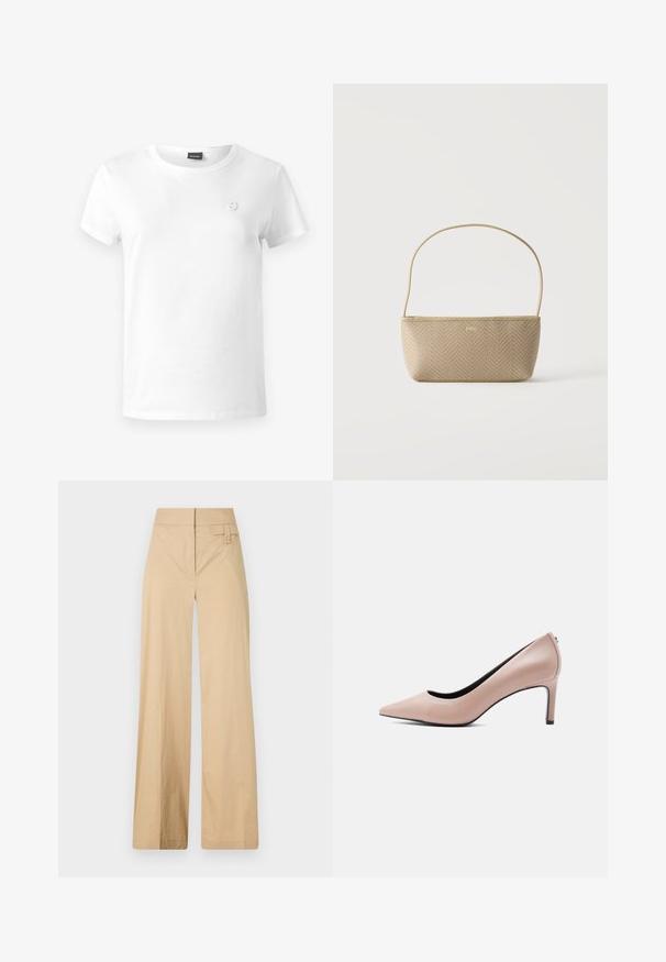 Camiseta de algodón blanca con cuello redondo, mangas cortas y un pequeño logo bordado en el lado izquierdo del pecho. Textura suave, ajuste casual.; Pantalones de pierna ancha beige fabricados en una mezcla de algodón. Presentan una textura suave, cinturilla elástica y un detalle de botón en el lateral.; Zapato de tacón alto beige con punta estrecha y tacón de aguja delgado sobre un fondo blanco liso.; Bolso tejido beige con correa delgada para el hombro y pequeño logo dorado "BOSS" en el frente, presentado sobre un fondo blanco liso.