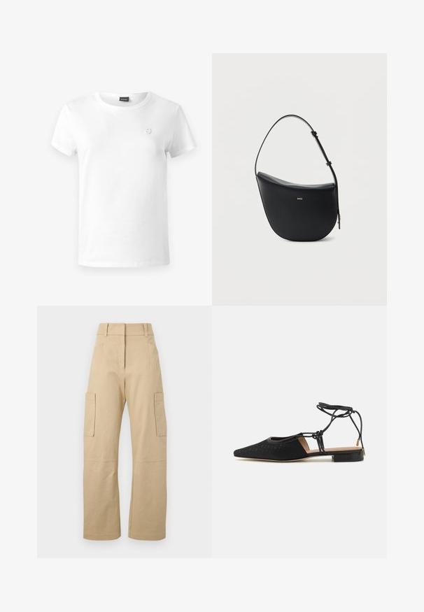 Camiseta de algodón blanca con cuello redondo, mangas cortas y un pequeño logo bordado en el lado izquierdo del pecho. Textura suave, ajuste casual.; Pantalones cargo beige de algodón, con una cintura alta, perneras anchas, dos bolsillos laterales y dos grandes bolsillos cargo en los muslos.; Zapato plano negro con punta afilada, parte superior texturizada, lazos en los tobillos y un tacón bajo cuadrado. Presenta un patrón sutil en el material.; Bolso de hombro de cuero negro en forma de media luna, con correa ajustable y logo dorado "BOSS" centrado en el frente.