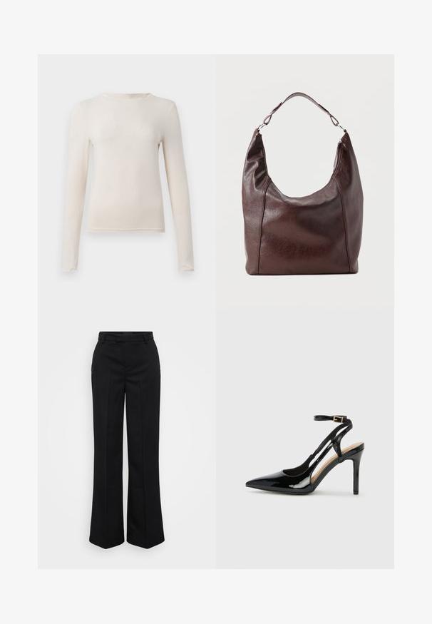 Chemise à col rond beige à manches longues avec une silhouette ajustée, présentée à plat sur un fond clair.; Gina Tricot Tall STRAIGHT TROUSERS - Pantalon classique - black; Escarpin en cuir verni noir à talon haut, avec un bout pointu, une bride réglable à la cheville et des côtés ouverts. Texture lisse.; Sac à bandoulière en cuir marron foncé avec une seule sangle réglable, un dessus légèrement incurvé et une fermeture éclair sur un côté.