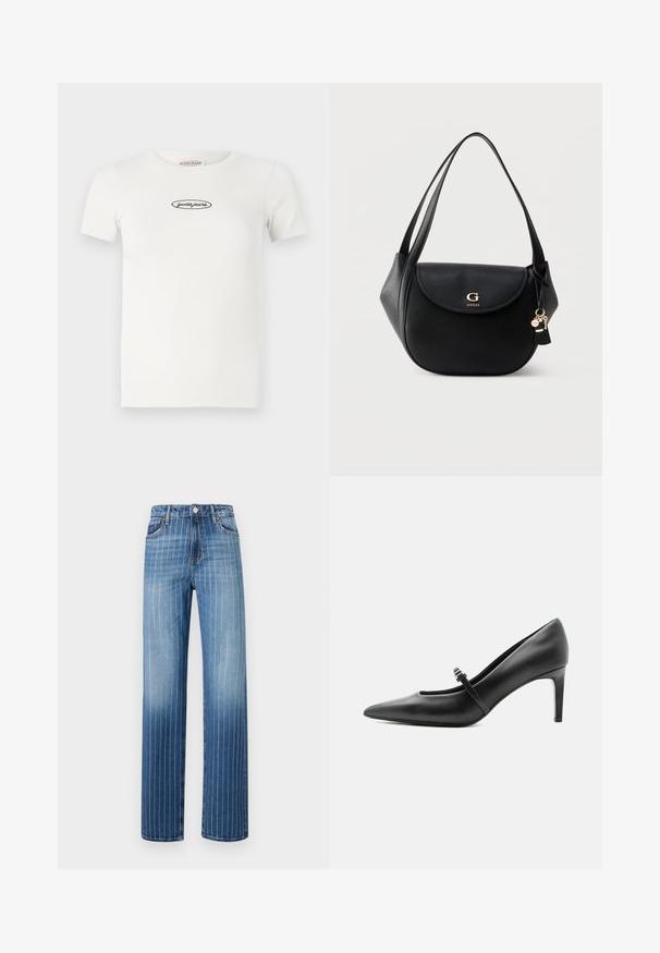Weißes, geripptes T-Shirt mit kurzen Ärmeln, rundem Ausschnitt und schwarzem, gesticktem "guess jeans"-Logo, das auf der Vorderseite zentriert ist.; Hellblaue Jeans aus Denim mit vertikalen weißen Streifen, gerade Passform, fünf Taschen und Knopfverschluss am Bund.; Schwarzer Leder-Pumps mit spitzer Zehenpartie, dünnem Riemen und Schnalle über dem Spann, stehend auf hellem neutralem Hintergrund.; Schwarze Leder-Umhängetasche mit geschwungener Klappe, goldenem "G GUESS"-Logo, doppelten Trägern und hängenden Schlüsselanhänger-Charm vor einfarbigem Hintergrund.