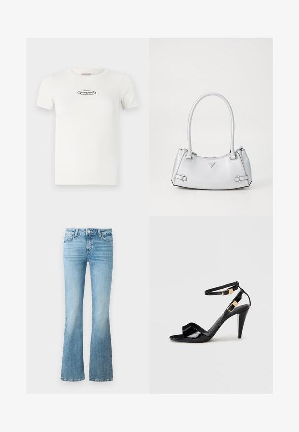 Weißes, geripptes T-Shirt mit kurzen Ärmeln, rundem Ausschnitt und schwarzem, gesticktem "guess jeans"-Logo, das auf der Vorderseite zentriert ist.; Hellblaue Denim-Flares mit Fronttaschen, Gürtelschlaufen und Knopfverschluss.; Schwarze, lackierte High-Heeled-Sandalen mit doppelten Knöchelriemen und goldenen Schnallen, Zehen offen und schlankem, spitz zulaufendem Absatz auf neutralem Hintergrund.; Silberne Handtasche mit einem strukturierten Design, ausgestattet mit zwei Griffen, glänzender Oberfläche, Akzentbeschlägen und einem dreieckigen Logo auf der Vorderseite.