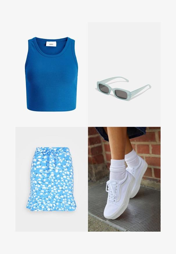 Modrý pruhovaný crop top s širokým výstrihom, bez rukávov a s nápisom "JJXX" umiestneným na strede výstrihu.; Even&Odd by Zalando MINI SKIRT WITH VOLANT - sukňa v tvare A - light blue/white; Biele plátené tenisky s gumovou podrážkou, s piatimi dierkami na šnúrky, okrúhlou špičkou a svetlými švami, doplnené o biele členkové ponožky.; Párik obdĺžnikových slnečných okuliarov s svetlomodrými priehľadnými rámami a tmavosivými sklami, s rovnými stranami a minimálnymi hardvérovými detailmi.