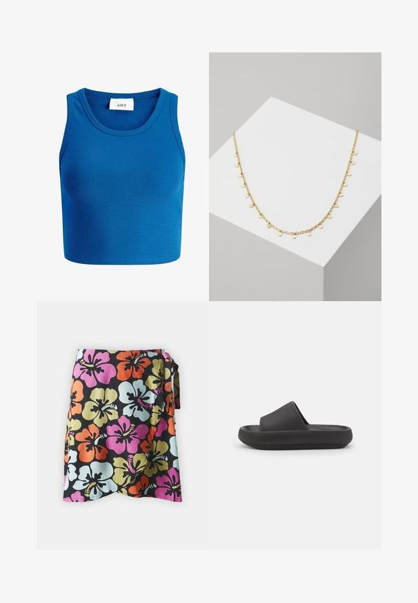 Blauwe geribde crop top met brede halslijn, zonder mouwen ontwerp, en een label met de tekst "JJXX" in het midden van de halslijn.; Wikkelrok met een zwarte achtergrond en grote hibiscusbloemen in oranje, roze, lichtblauw en groen. Gemaakt van lichtgewicht stof.; Zwarte slide-sandaal met een gladde textuur en een open ontwerp, met een brede band en een lage, iets geometrisch gevormde zool.; Gouden ketting met kleine, ronde, getextureerde hangers die gelijkmatig over de lengte verdeeld zijn, met een gepolijste afwerking en delicate schakel.