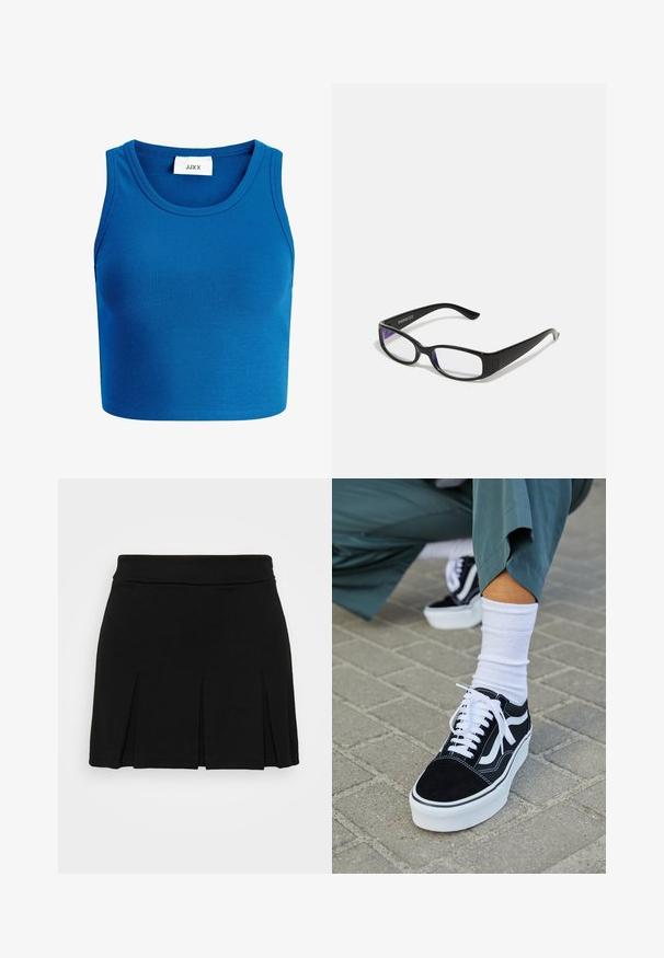 Blauwe geribde crop top met brede halslijn, zonder mouwen ontwerp, en een label met de tekst "JJXX" in het midden van de halslijn.; Even&Odd by Zalando Minirok - black; Zwarte suède sneaker met witte accenten en veters, uitgerust met een dikke witte zool en contrasterende stiksels, gecombineerd met een witte sok.; Zwarte rechthoekige bril met heldere glazen. Glanzende afwerking, smalle veren en paarse tint zichtbaar aan de randen van de glazen.