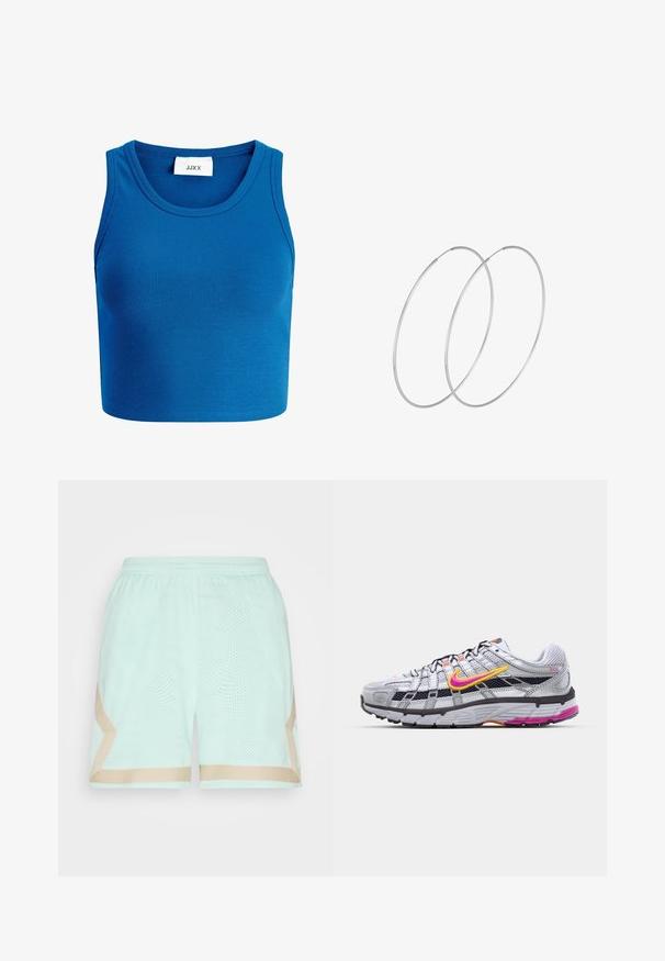 Blauwe geribde crop top met brede halslijn, zonder mouwen ontwerp, en een label met de tekst "JJXX" in het midden van de halslijn.; Jordan HERITAGE DIAMOND - Korte broeken - mint foam/sanddrift; Grijze mesh hardloopschoen met een opvallende roze en gele swoosh, zwarte accenten en een gestructureerde rubberen zool. Kenmerkt zich door een verstevigde neus en een gevoerde kraag.; Zilveren hoepel oorbellen met een minimalistisch ontwerp. Cirkelvormig, gladde textuur en dun profiel. Lichtgewicht met een gepolijste afwerking.