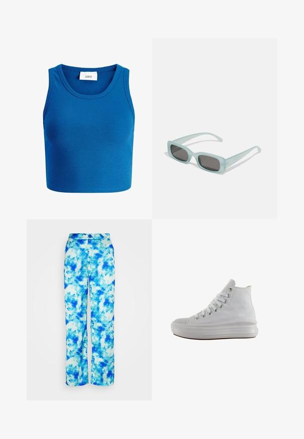 Top court bleu à côtes avec décolleté large, design sans manches, et une étiquette portant la mention "JJXX" située au centre du décolleté.; Noisy May NMTALIA PANTS - Pantalon classique - azure blue; Baskets montantes en toile blanche avec lacets blancs, œillets métalliques, semelle épaisse en caoutchouc et bout texturé, orientées vers la gauche sur fond blanc.; Une paire de lunettes de soleil rectangulaires avec des montures translucides bleu clair et des verres gris foncé, présentant des branches droites et des détails matériels minimaux.