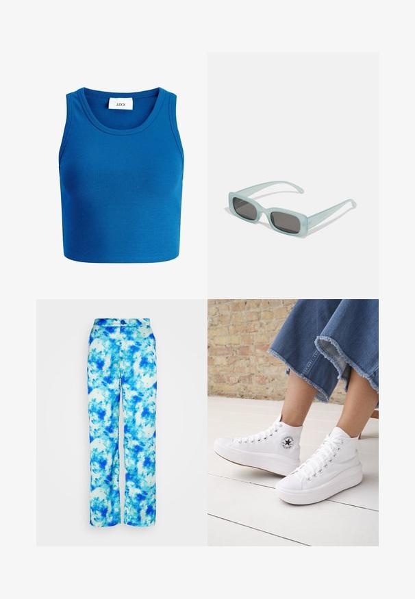 Modrý pruhovaný crop top s širokým výstrihom, bez rukávov a s nápisom "JJXX" umiestneným na strede výstrihu.; Noisy May NMTALIA PANTS - Nohavice - azure blue; Osoba nosiace biele vysoké tenisky Converse s hrubými podrážkami a skrátené modré rifle s ošúchaným lemom na pozadí tehlovej steny a bielej podlahy.; Párik obdĺžnikových slnečných okuliarov s svetlomodrými priehľadnými rámami a tmavosivými sklami, s rovnými stranami a minimálnymi hardvérovými detailmi.