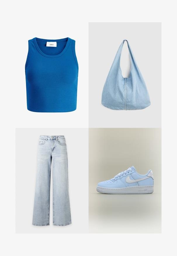 Blauwe geribde crop top met brede halslijn, zonder mouwen ontwerp, en een label met de tekst "JJXX" in het midden van de halslijn.; Lichtblauwe, hoge taille, wijde jeans met knoop- en ritssluiting, voor- en achterzakken, afgebeeld op een effen witte achtergrond.; Lichtblauwe lage Nike Air Force 1 sneaker met wit swoosh-logo en dikke witte zool op een effen beige achtergrond.; Lichtblauwe denim schoudertas met een brede band en een zichtbare centrale naad, afgebeeld tegen een effen lichtgrijze achtergrond.