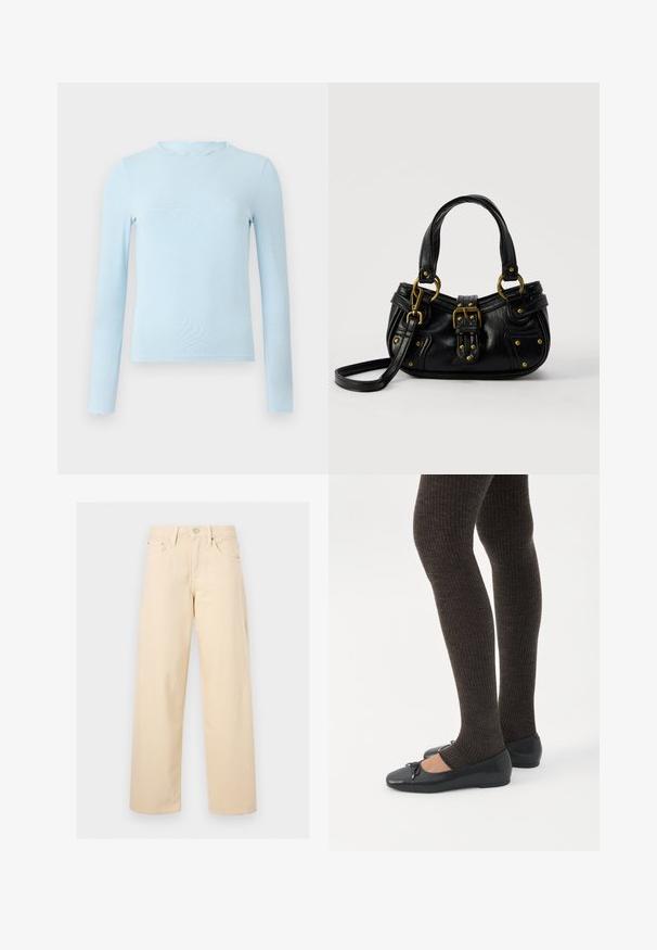 Lichtblauwe top met lange mouwen, gemaakt van een gladde stof, met een golvende halslijn en een aansluitend ontwerp, rechte zoom en zonder patronen.; Beige recht vallende broek met knoop en ritssluiting aan de voorkant, riemlussen en een ontwerp met vijf zakken op een effen lichte achtergrond.; Benen met donkere geribbelde leggings gecombineerd met zwarte ballerina's met kleine strikdetails op een witte achtergrond.; Zwarte leren handtas met gouden gesp en klinknagel details, korte handvatten en een verstelbare schouderriem op een effen witte achtergrond.