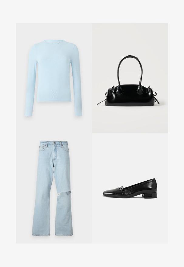 Lichtblauwe top met lange mouwen, gemaakt van een gladde stof, met een golvende halslijn en een aansluitend ontwerp, rechte zoom en zonder patronen.; Lichtblauwe denim jeans met een uitlopende snit, met een verweerd stuk op de knie en standaard voorzakken.; Zwarte laarzen van gepatenteerd leer met een puntige neus, een lage vierkante hak en een kleine metalen gespdetail op de band. Gladde textuur.; Kleine zwarte glanzende handtas met twee lange hengsels en zijkant trekkoord details op een effen lichte achtergrond.