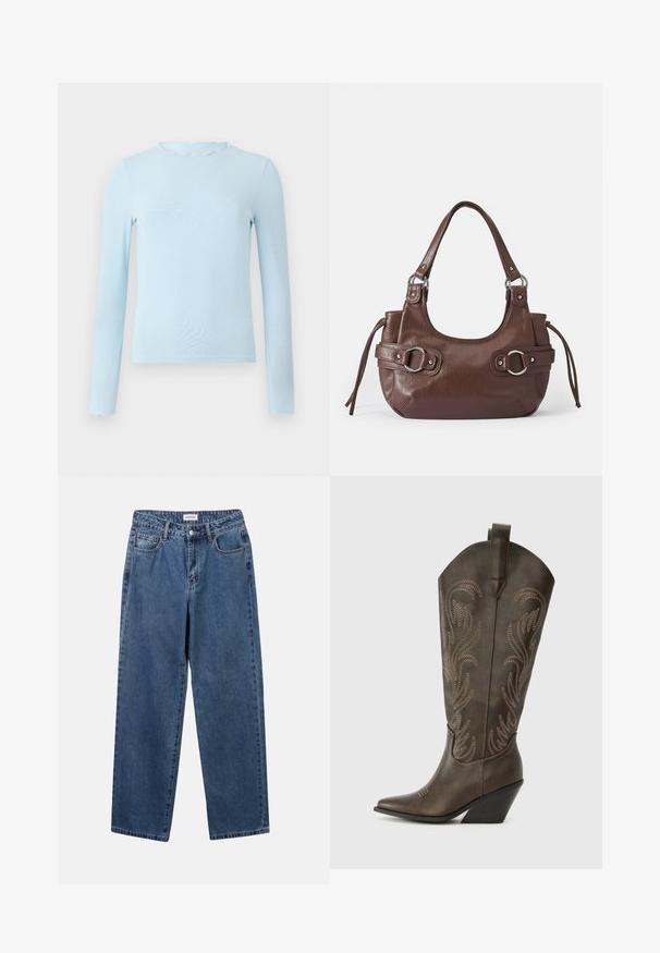 Lichtblauwe top met lange mouwen, gemaakt van een gladde stof, met een golvende halslijn en een aansluitend ontwerp, rechte zoom en zonder patronen.; Klassieke blauwe denim jeans met een rechte pijp, vijf zakken en een knoopsluiting. Heeft een middelgrote wasbeurt en stevige textuur.; Bruine leren cowboylaars met een spitse neus, wiggenhak en decoratieve borduursels. Heeft een hoge schacht en een trekriem.; Bruine leren handtas met ronde vorm, zilveren hardware, twee zijriemen en een gladde textuur. Beschikt over een enkele handgreep aan de bovenkant.