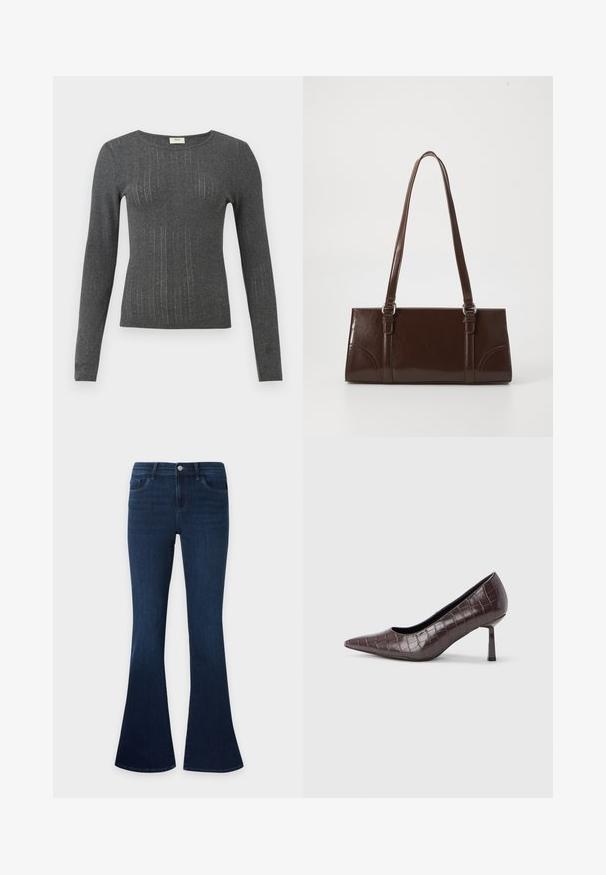 Langærmet, tætsiddende top i mørkegrå strik med subtile lodrette striber og rund halsudskæring. Blød tekstur med let glans i stoffet.; Mørkeblå denimjeans med høj talje og flared ben, med forlommer, bæltestropper og knaplukning.; Brune kunstlæder stiletter med spidse tæer og krokodilletekstur, der har en slank, vinklet hæl og en glat inderside.; Brun lakeret håndtaske med rektangulær form, to lange håndtag og subtile buede detaljer på fronten.