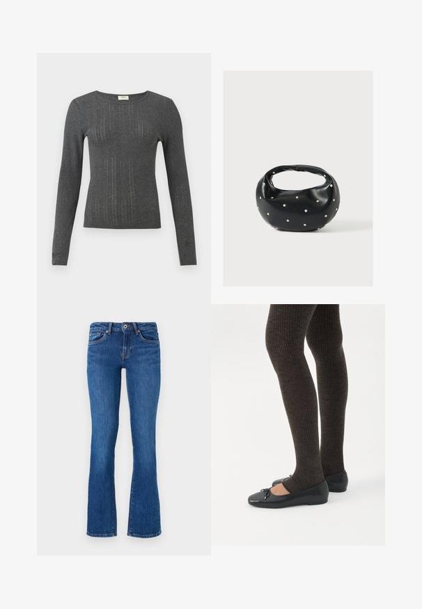 Langærmet, tætsiddende top i mørkegrå strik med subtile lodrette striber og rund halsudskæring. Blød tekstur med let glans i stoffet.; Flared denimjeans i mellemblå med en subtil tekstur. Har fem lommer, en lynlås foran og kontrasterende syninger langs sømmene.; Ben iført mørke ribbede leggings kombineret med sorte balletsko med små sløjfedetaljer på hvid baggrund.; Sort læderhåndtaske med en rundet form, dekoreret med sølvnitter, og et kort håndtag. Glat tekstur og lynlåslukning.