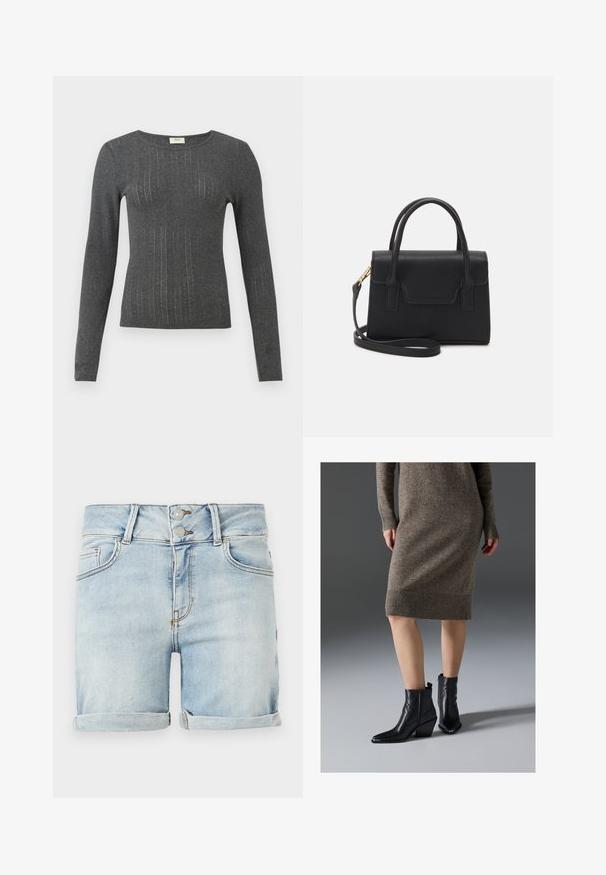 Tumedast hallist kootud materjalist pikkade varrukatega saledalt istuv blouse, millel on peened vertikaalsed triibud ja ümar kaelus. Pehme tekstuur, millel on kerge läige.; Heledad sinise teksapüksid mansettidega, kahekordse nööpidega sulgur, vööaasad ning ees- ja tagataskud.; Mustmustest nahkainked, millel on terav nina, koonuskaal ja sakilised õmblusdetailid, sobitatud ribakujulise pruunist kudumist kleidiga.; Must mustruktureeritud must nahast käekott, millel on pealne käepide, eemaldatav õlarihm ja esiküljel klapi detail. Kuldse metallist aksessuaari aktsendid.