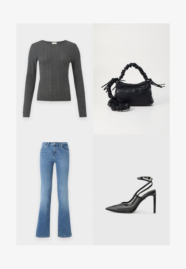 Langærmet, tætsiddende top i mørkegrå strik med subtile lodrette striber og rund halsudskæring. Blød tekstur med let glans i stoffet.; Lysblå flagrende jeans lavet af denim, med fem lommer, frontlynlås og knaplukning. Afbleget mønster på lårene og kanten.; Sort højhælet pumpe med spids tå, kombination af net- og laklæder, ankelrem med spænde detaljer, slankt silhouet.; Sort kunstlæder håndtaske med krokodilteksur, indsnøret top og en sammenkrøben rem. Ser blød og kompakt ud i designet.