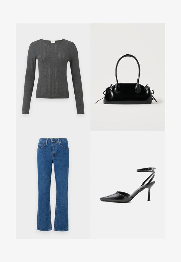 Langærmet, tætsiddende top i mørkegrå strik med subtile lodrette striber og rund halsudskæring. Blød tekstur med let glans i stoffet.; Lys blå denimjeans med lige skæring, fem lommer og syet detaljer. Stoffet har en struktureret overflade med let falming.; Sort spids højhælet sko med tynde ankelremme og sølvspænde på en ensfarvet lys baggrund.; Lille sort blank håndtaske med to lange håndtag og snøre-detaljer i siden på en ensfarvet lys baggrund.