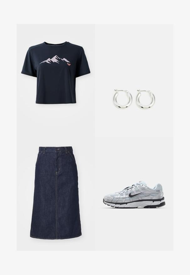 T-shirt cropped bleu marine en tissu lisse, avec un graphique de montagne rose clair et un petit logo orange en bas à gauche.; Jupe en denim foncé à taille haute, coupe droite, poches avant et coutures surpiquées. Fermeture à glissière et bouton à la taille.; Baskets Nike P-6000 avec une tige en mesh gris clair, des accents noirs et une semelle en caoutchouc noir durable. Présente un design complexe et un système de laçage.; Boucles d'oreilles en argent avec une finition polie, présentant une forme circulaire et une fermeture à charnière. Texture lisse avec un minimum de détails.