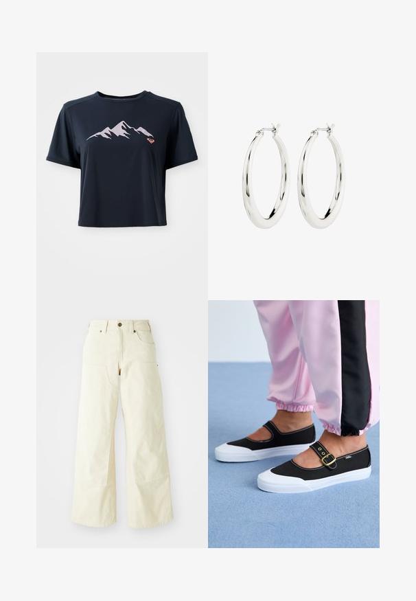 T-shirt cropped bleu marine en tissu lisse, avec un graphique de montagne rose clair et un petit logo orange en bas à gauche.; Pantalons beige à jambes larges en coton, dotés d'une taille haute, de grandes poches avant et d'une texture lisse avec des détails de couture minimalistes.; Baskets noires en toile avec une semelle blanche, présentant un design découpé et une sangle en boucle dorée. Portées avec un pantalon de survêtement rose.; Boucles d'oreilles créoles en argent avec une finition lisse et brillante. Forme circulaire, dotée d'un fermoir sécurisé. Design simple et élégant.