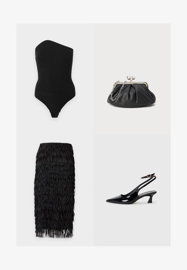 Body noir à épaules dénudées. Fabriqué dans un tissu lisse, il présente une silhouette ajustée et une fermeture à pression au bas.; Jupe à franges noire en tissu superposé et texturé. Dotée d'une ceinture élastique et d'un ourlet droit, elle offre un look audacieux et dynamique.; Escarpins à brides arrière en cuir verni noir, à bout pointu, avec un petit talon carré et une sangle de cheville ajustable dotée d'une boucle dorée.; Porte-monnaie en cuir noir avec texture froncée, cadre en métal argenté, fermeture à verrouillage kiss-lock et bandoulière en chaîne. Surface lisse et douce.