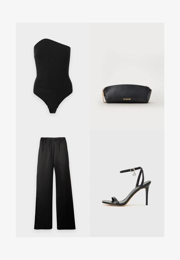 Body noir à épaules dénudées. Fabriqué dans un tissu lisse, il présente une silhouette ajustée et une fermeture à pression au bas.; Pantalon noir à jambes larges avec ceinture élastique, tissu lisse, sans poches visibles ni ornements, présenté de face sur un fond uni.; Sandale à talon haut noire avec une bride étroite à la cheville, bout carré, cuir lisse et accent de boucle métallique.; Pochette Moschino noire avec bandoulière chaîne dorée et lettrage logo doré à l’avant, sur fond clair uni.