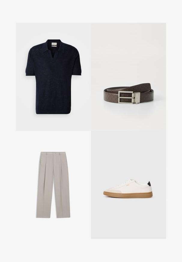 Donkerblauwe gebreide polo met korte mouwen, V-hals en subtiele textuur. Voorzien van het GANT-logo, geborduurd in een bijpassende kleur op de borst.; Beige rechte broek met voorplooien, riemlussen en een knoopsluiting op een witte achtergrond.; Witte sneakers met beige accenten, bovenwerk van glad leer, ronde neus en rubberen gumzool, met een zwarte hieltab en subtiele branding.; Bruine leren riem met reliëfpatroon en een rechthoekige zilveren metalen gesp met merknaam. Soepele textuur, klassiek ontwerp.