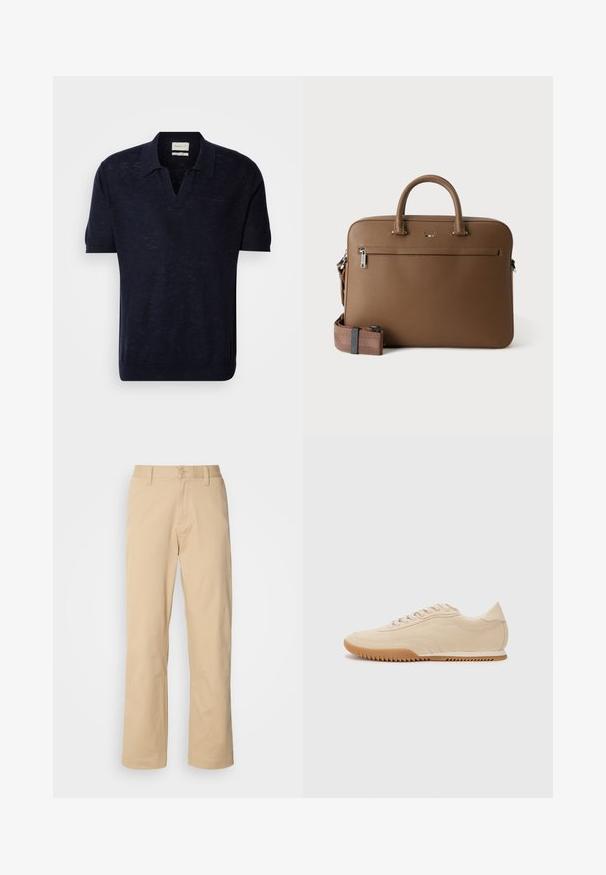 Donkerblauwe gebreide polo met korte mouwen, V-hals en subtiele textuur. Voorzien van het GANT-logo, geborduurd in een bijpassende kleur op de borst.; HUGO ZAYN - Broek - medium beige; Beige suede sneakers met een gestroomlijnd ontwerp, voorzien van een textuur bovenwerk, ronde neus en een rubberen zool met een zigzagpatroon.; Bruine leren aktetas met bovenhandvatten, voorvak met ritssluiting en afneembare bijpassende schouderriem op witte achtergrond.
