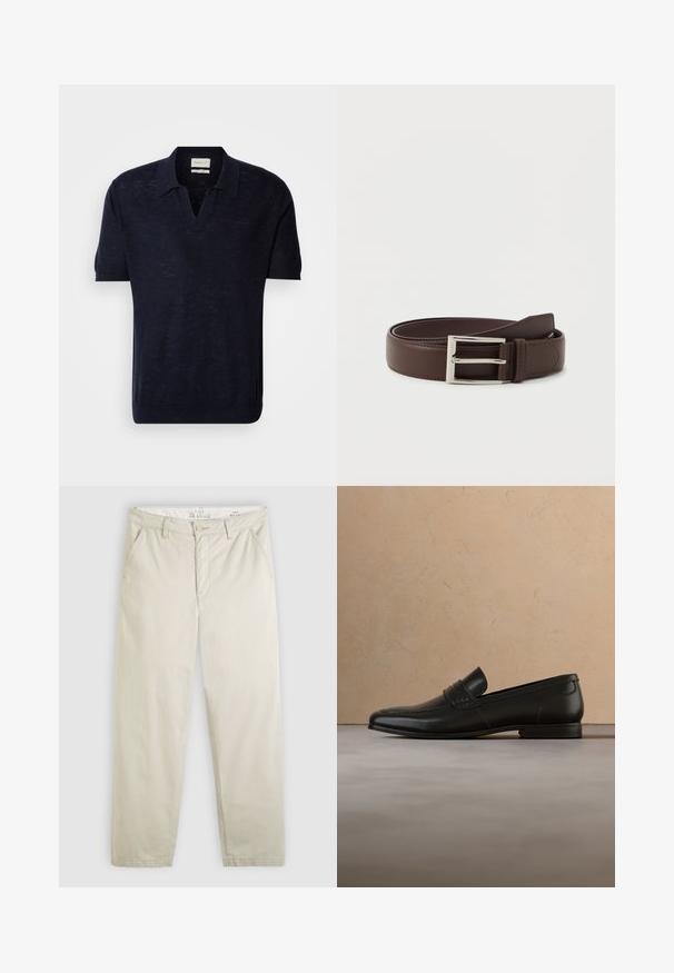Donkerblauwe gebreide polo met korte mouwen, V-hals en subtiele textuur. Voorzien van het GANT-logo, geborduurd in een bijpassende kleur op de borst.; Lichtbeige chino broek met rechte pijpen, voorzakken, riemlussen, knoopsluiting en ritssluiting, plat gelegd op een witte achtergrond.; Zwarte leren loafer schoenen zwevend in de lucht boven een beige tapijt met een beige bank op de achtergrond.; Donkerbruin leren riem met een zilveren rechthoekige gesp, netjes opgerold op een eenvoudige witte achtergrond.