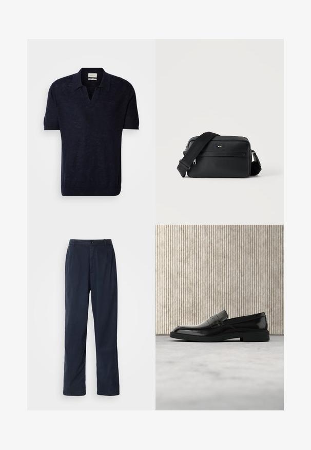 Donkerblauwe gebreide polo met korte mouwen, V-hals en subtiele textuur. Voorzien van het GANT-logo, geborduurd in een bijpassende kleur op de borst.; Navyblauwe broek van een katoenmix. Heeft een recht model, een sluiting met een voorste knoop en subtiele plooien. Gladde textuur.; Zwarte gepolijste leren loafer die boven een beige tapijt zweeft met oranje doorschijnend meubilair op de achtergrond.; Zwarte gestructureerde leren crossbodytas met voorvak met ritssluiting en verstelbare brede stoffen schouderband op een witte achtergrond.