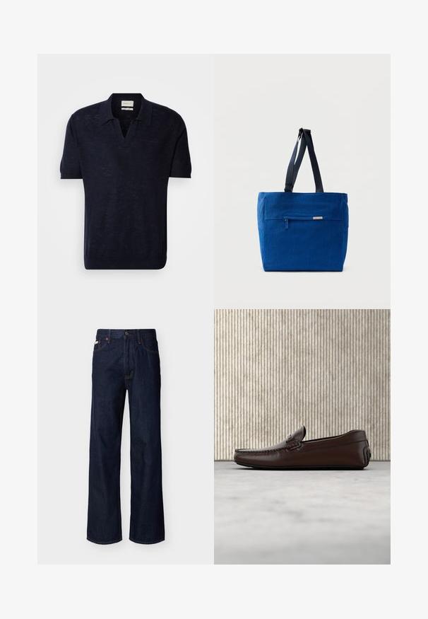 Polo de punto azul marino de mangas cortas, con cuello en V y una sutil textura. Presenta el logotipo de GANT bordado en un color a juego en el pecho.; Vaqueros de mezclilla azul oscuro de pierna recta con diseño de cinco bolsillos y cierre de botones, exhibidos sobre un fondo claro y liso.; Mocasines de cuero marrón con un acabado suave, costura al estilo mocasín, puntera elevada y una suela de goma baja y flexible.; Bolsa de lona azul con un bolsillo frontal con cremallera, correas dobles para el hombro y forma rectangular. Cuenta con una etiqueta de marca sutil.