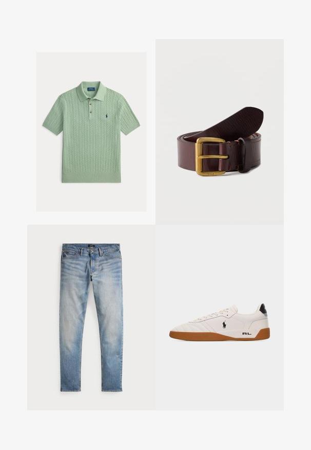Ανοιχτό πράσινο μπλουζάκι πόλο με πλεκτό σχέδιο καλωδίων, κοντά μανίκια, γιακά, τρία κουμπιά και μικρό σκούρο μπλε κεντητό λογότυπο στο στήθος.; Ανοιχτό μπλε τζιν παντελόνι με ξεθωριασμένο φινίρισμα, σχέδιο πέντε τσεπών και αντίθετη ραφή. Διαθέτει φερμουάρ και θηλιές ζώνης. Ευθεία γραμμή.; Λευκό χαμηλό παπούτσι με καφέ λαστιχένια σόλα, μαύρο λογότυπο Polo Ralph Lauren στο πλάι και το κείμενο «RL» στο πίσω μέρος.; Σκούρα καφέ δερμάτινη ζώνη τυλιγμένη με αγκράφα από ορείχαλκο, χαραγμένη με τη λέξη Polo, σε απλό λευκό φόντο.