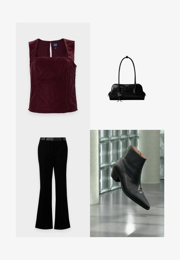 Haut sans manches en velours bordeaux avec une encolure carrée et un détail en trou de serrure au dos ; texture lisse et design ajusté.; Pantalons évasés noirs en tissu lisse. Possède une taille plate avec une finition brillante. Design ajusté avec deux poches avant.; Bottine en cuir noir avec un bout pointu et un talon carré lévitant au-dessus d'un sol gris réfléchissant près d'un mur en blocs de verre.; Sac à épaule en cuir noir à texture crocodile, avec de longues sangles et un petit charm logo argenté sur une sangle.