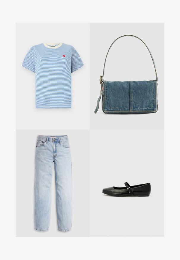 Blåstribet t-shirt med kortærmer, cremede ribbede krave og en lille broderet rød hjerte på brystet. Mellemstof i bomuld.; Lyseblå denimjeans med høj talje, afslappet pasform, lige ben og et klassisk design med fem lommer. Synlige falmede detaljer og syninger.; Sorte læder balletflade med rund tå, flad sål og en tynd justerbar rem over svangen med en metalspænde.; Denim skuldertaske med fold-over design, lys blå farve, synlige sømme, justerbar rem og en sidelabel-detalje.