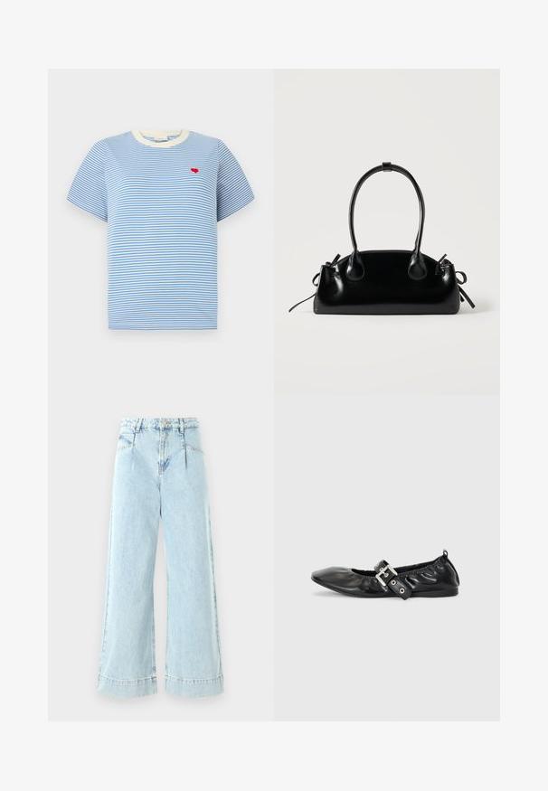 Blåstribet t-shirt med kortærmer, cremede ribbede krave og en lille broderet rød hjerte på brystet. Mellemstof i bomuld.; Lyseblå vidbenede jeans lavet af denim, med høj talje, forlommer og syede detaljer ved kanten.; Sorte læder flade sko med spids tå, samling detaljer omkring åbningen, og en sølv spænde accent på den justerbare rem.; Lille sort blank håndtaske med to lange håndtag og snøre-detaljer i siden på en ensfarvet lys baggrund.