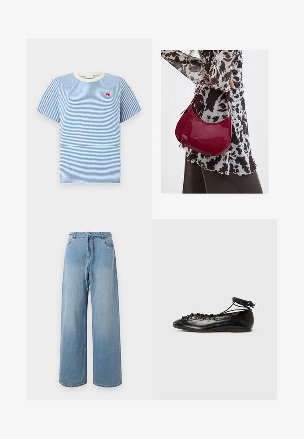 Blauw gestreepte t-shirt met korte mouwen, crème kleurige geribbelde kraag en een kleine borduursel van een rood hart op de borst. Katoenen materiaal.; Lichtblauwe denim wijde pijpen jeans met een hoge taille, voorzien van voorzakken, een strikriem en een vervaagde textuur.; Zwarte ballerina's van lakleer met een afgeronde neus, veterdesign en een platte zool. Glad oppervlak met minimale details.; Vrouw met een zwart-wit gebloemde blouse houdt een glanzende rode schoudertas vast tegen een effen achtergrond.
