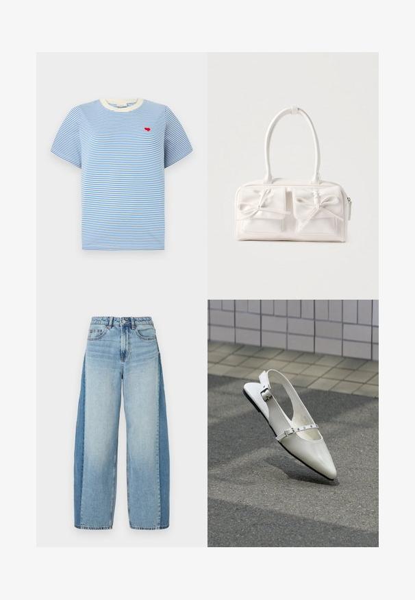 Blåstribet t-shirt med kortærmer, cremede ribbede krave og en lille broderet rød hjerte på brystet. Mellemstof i bomuld.; Lysblå denim brede bukser med en falmet finish, fem-lomme design, knaplukning og frynset kant. Slidt tekstur og syninger som accenter.; Hvid spids slingback flad sko med to sølvspænder, vist udendørs på tekstureret underlag og flisebelagt væg baggrund.; Hvid syntetisk håndtaske med to forlommer, hver med en bundet sløjfedetalje. Glat tekstur, afrundede håndtag og lynlås lukning.