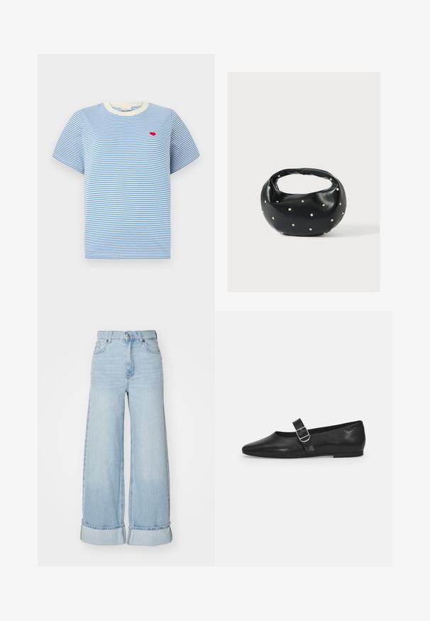 Blåstribet t-shirt med kortærmer, cremede ribbede krave og en lille broderet rød hjerte på brystet. Mellemstof i bomuld.; Lysblå brede jeans med høj talje, opsmøgede ben og klassisk denimtekstur. Har frontlommer og lynlås lukning.; Sorte læder flade sko med rund tå, et enkelt justerbart spænde og en glat, blank overflade. Minimalistisk design med en lav hæl.; Sort læderhåndtaske med en rundet form, dekoreret med sølvnitter, og et kort håndtag. Glat tekstur og lynlåslukning.