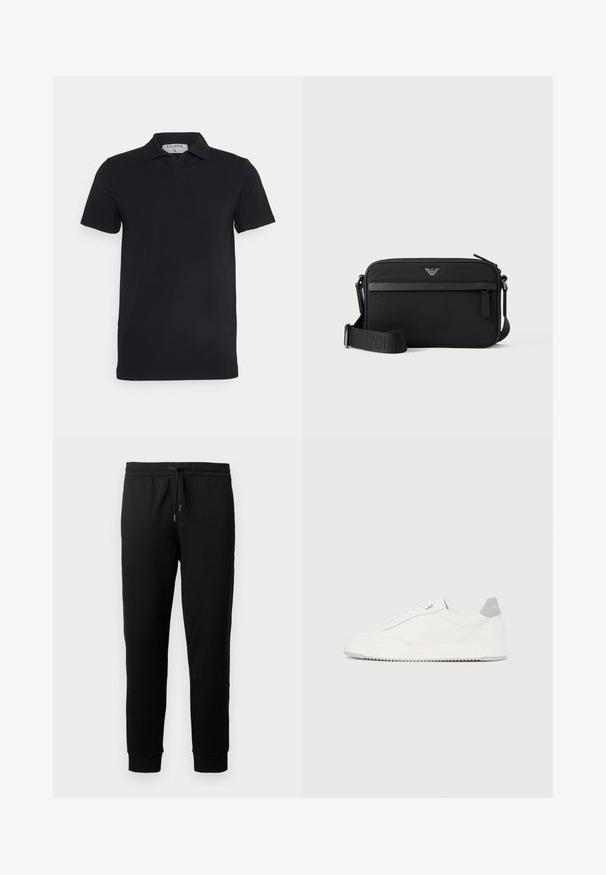 Sort kortærmet polo-shirt med klassisk krave, lavet af glat stof. Har et mærke med brandnavnet 'Filippa K' ved halsudskæringen.; Sorte joggingbukser lavet af blødt stof med elastisk livvidde og snøre. Har tapered ben med ribbede manchetter.; Hvid lavtop-sneaker med gråt hælflig, hvide snørebånd og tekstureret sål, vist på en ensfarvet lys baggrund.; Sort rektangulær crossbody-taske med lynlåslomme foran, justerbar rem og lille metallogo øverst i midten.