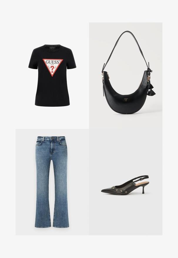 T-shirt en coton noir à manches courtes, arborant un logo graphique triangulaire rouge avec "GUESS® U.S.A." et un design de point d'interrogation.; Jean en denim bleu avec une taille haute, fermeture à boutons et zip, poches avant, et jambes légèrement évasées.; Escarpin à bride arrière en cuir noir avec bout pointu, petit talon et accents métalliques décoratifs le long de l'ouverture avant. Texture lisse.; Sac à épaule noir en forme de croissant avec surface texturée, fermeture éclair dorée, breloque pompon et petit logo triangulaire Guess au centre devant.