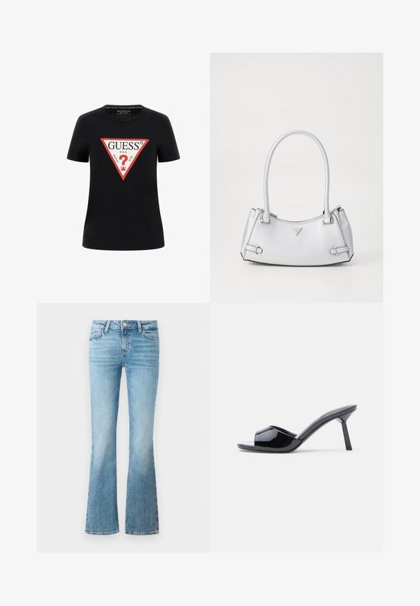 Schwarzes Baumwoll-T-Shirt mit kurzen Ärmeln, featuring ein rotes dreieckiges Grafiklogo mit "GUESS® U.S.A." und einem Fragezeichen-Design.; Hellblaue Denim-Flares mit Fronttaschen, Gürtelschlaufen und Knopfverschluss.; Schwarze Sandalen mit Absatz aus Lackleder, offenem Zehenbereich, mit geschwungenem Obermaterial und spitz zulaufendem Stilettoabsatz. Glatte, glänzende Oberfläche.; Silberne Handtasche mit einem strukturierten Design, ausgestattet mit zwei Griffen, glänzender Oberfläche, Akzentbeschlägen und einem dreieckigen Logo auf der Vorderseite.