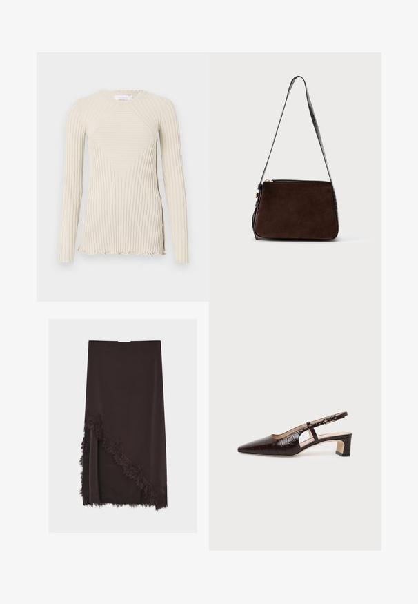 Rabanne T-shirt à manches longues - ecru; Jupe midi marron foncé avec détail asymétrique en dentelle le long d'un côté et à l'ourlet sur un fond uni.; Chaussure slingback en cuir marron foncé à texture crocodile, bout pointu, talon bas bloc et bride ajustable avec boucle dorée.; Sac à main en daim brun foncé avec une sangle texturée noire à motif crocodile et des côtés assortis, équipé d'une fermeture éclair et d'un fermoir dorés.