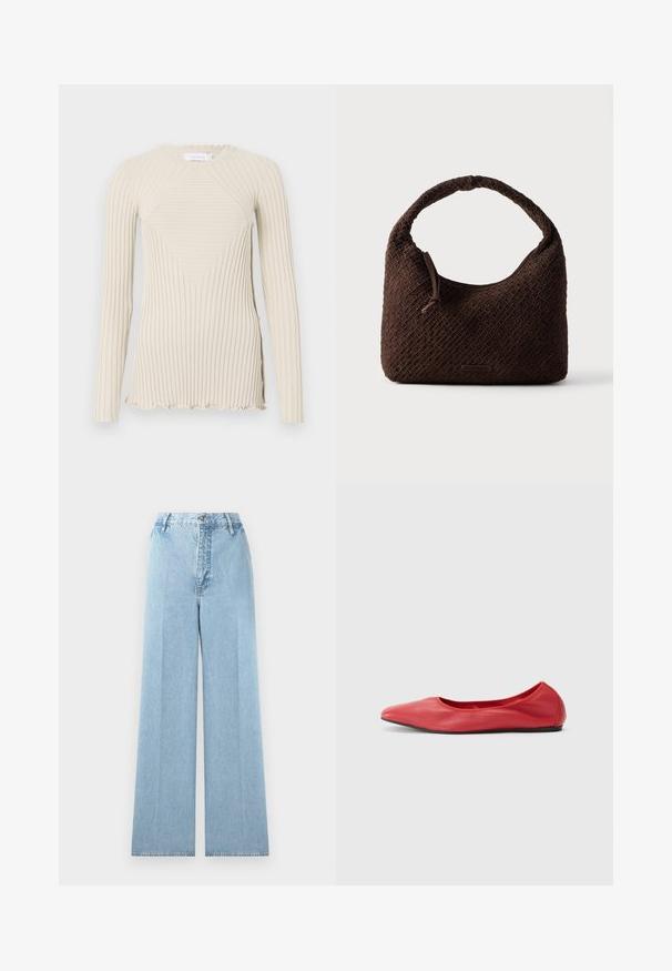 Rabanne Langærmet T-shirt - ecru; Lyseblå bredbenede jeans lavet af denim med høj talje, som har fem bæltestropper, en frontknaplukning og stikninger.; Filippa K REY FLATS - Ballerinasko - bright red; Brun flettet håndtaske med rundt håndtag, lavet af tekstureret materiale. Har lynlås lukning og en lille logo detalje.